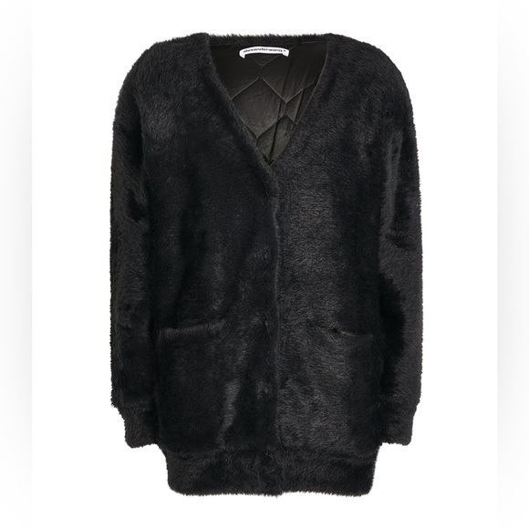 New ALEXANDER WANG V-Neck Faux Fur Cardigan w/Quilted Lining in Black Size L NWT - Picture 2 of 12